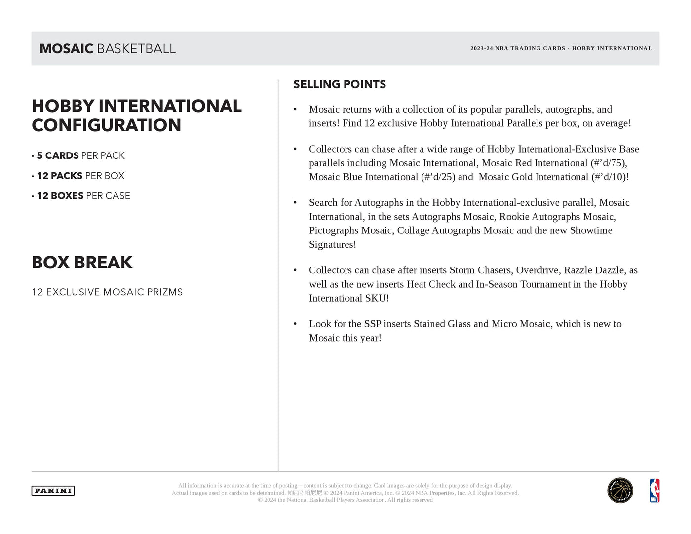 2023-24 Panini Mosaic Hobby International Basketball Box