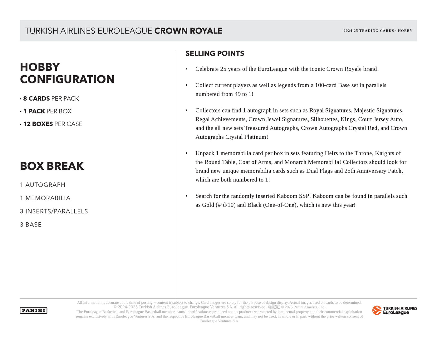 2024-25 Panini Crown Royale Euroleague Basketball Hobby Box
