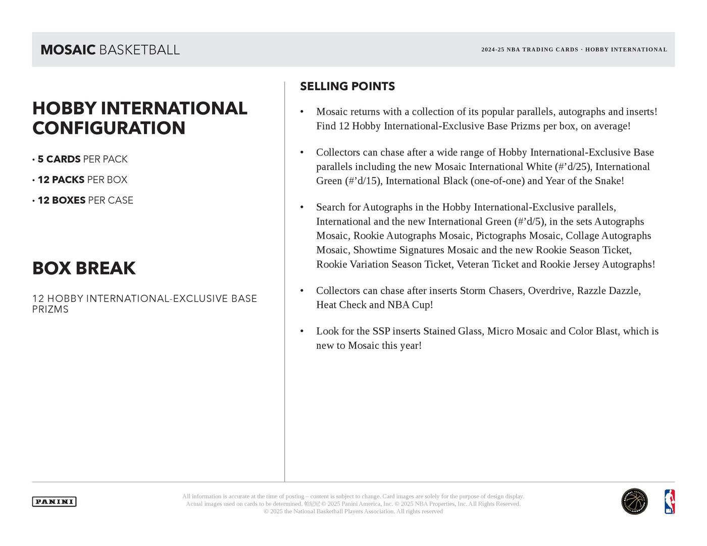 2024-25 Panini Mosaic Basketball International Hobby Box