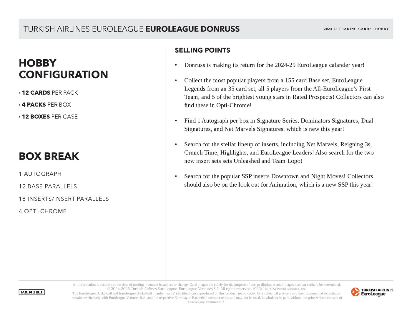 2024-25 Panini Donruss Turkish Airlines Euroleague Basketball Hobby Box