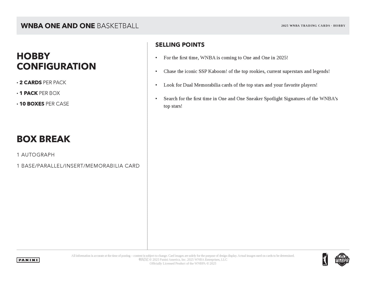 2025 Panini One & One WNBA Basketball Hobby Box