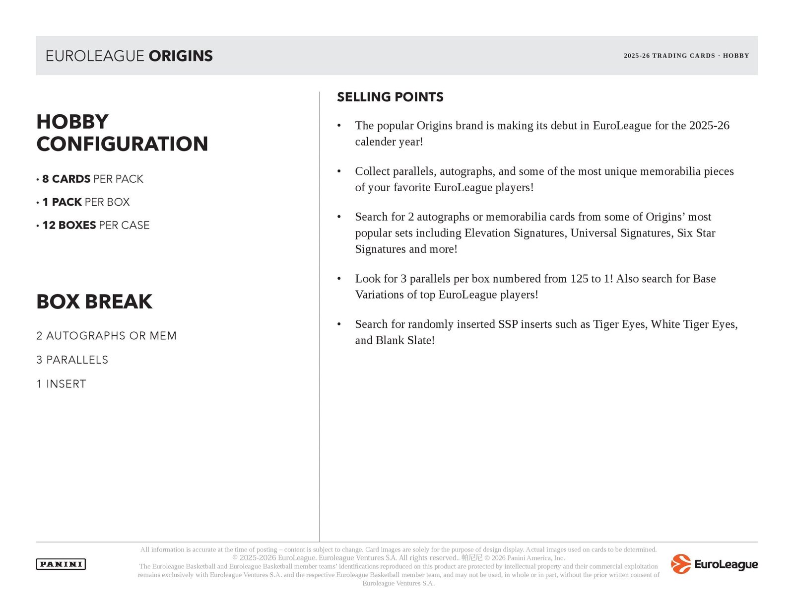 2025-26 Panini Origins EuroLeague Basketball Hobby Box